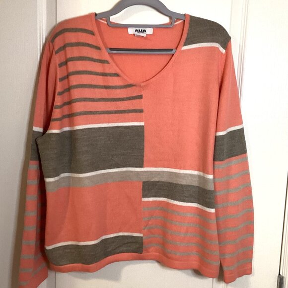 Alia Women's Sweater Size Petite (PL) Peach Gray Striped V-Neck Thin Lightweight - Picture 1 of 7